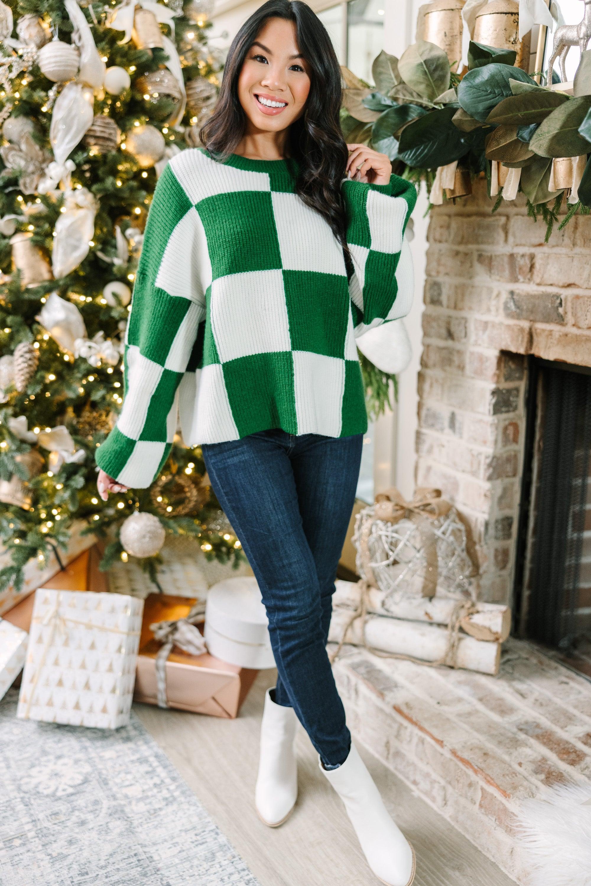 Can't Move On Emerald Green Checkered Sweater Female Product Image