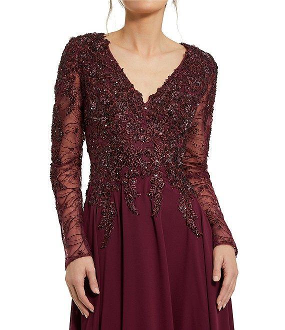 Mac Duggal Embellished Floral Lace V-Neck Illusion Long Sleeve Gown Product Image