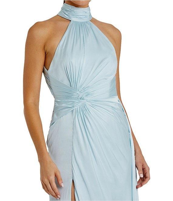 Mac Duggal Satin Halter Mock Neck Sleeveless Side Ruched Gown Product Image