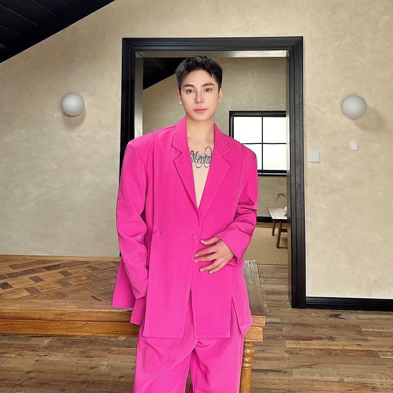 Set: Lapel Collar Plain Slit Button Blazer + Mid Rise Plain Dress Pants Product Image