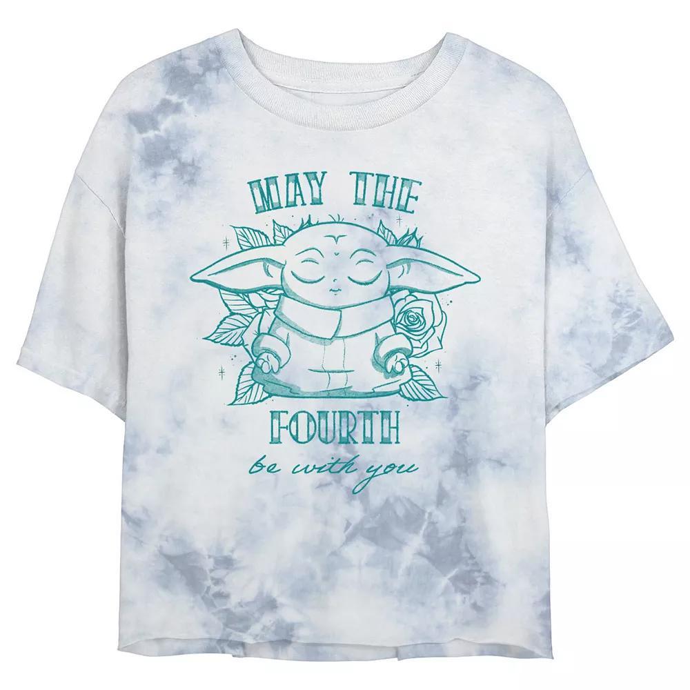 Juniors' Star Wars "May The Fourth Be With You" Grogu Line Art Wash Crop Tee, Women's, Size: Large, White Blue Product Image