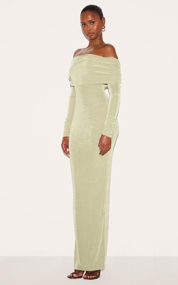 Sage Green Acetate Slinky Bardot Long Sleeve Maxi Dress Product Image