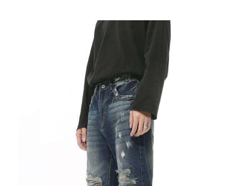 Mid Rise Washed Distressed Flared Jeans Product Image