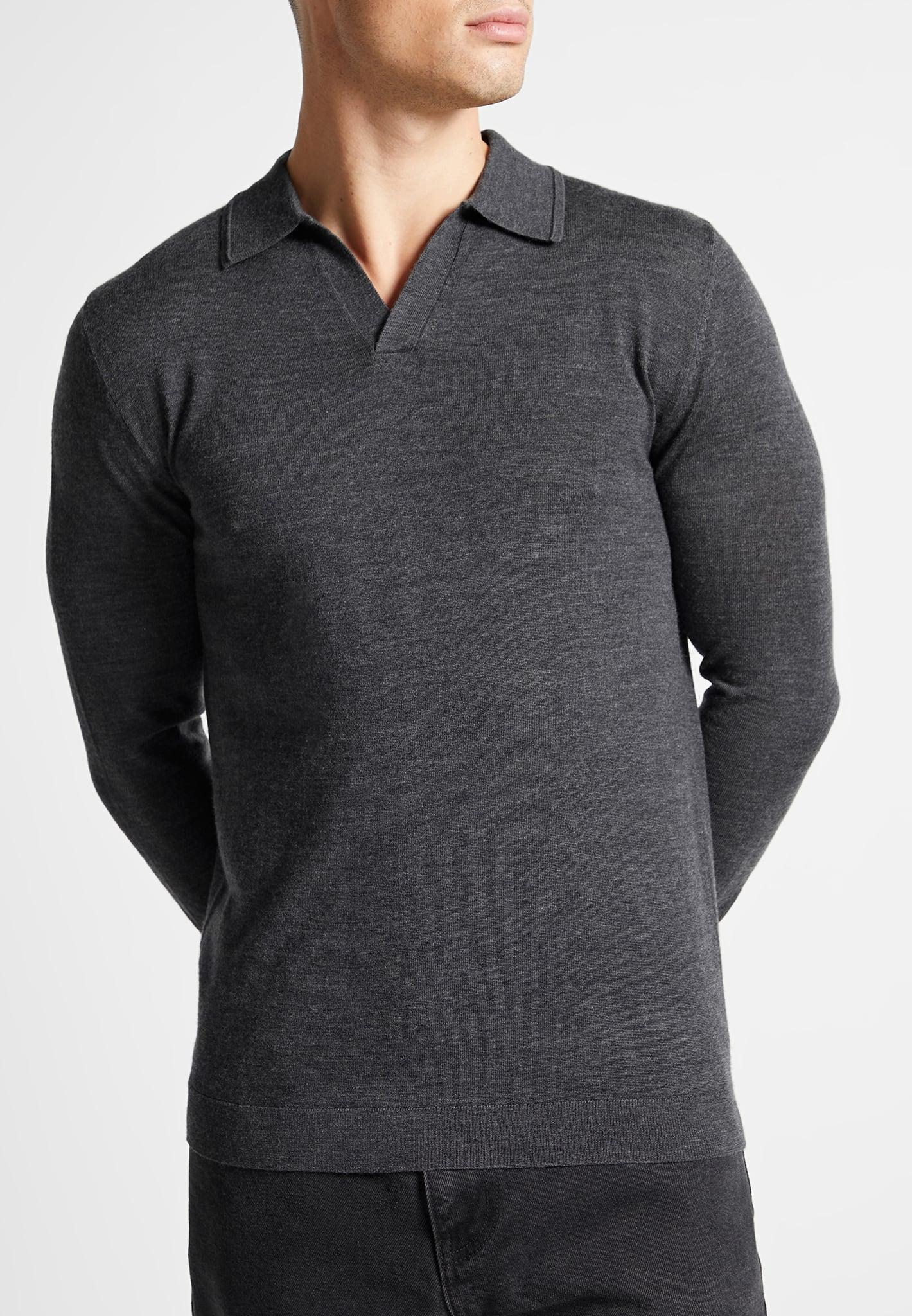 Merino Wool Long Sleeve Revere Polo Shirt - Grey Male Product Image