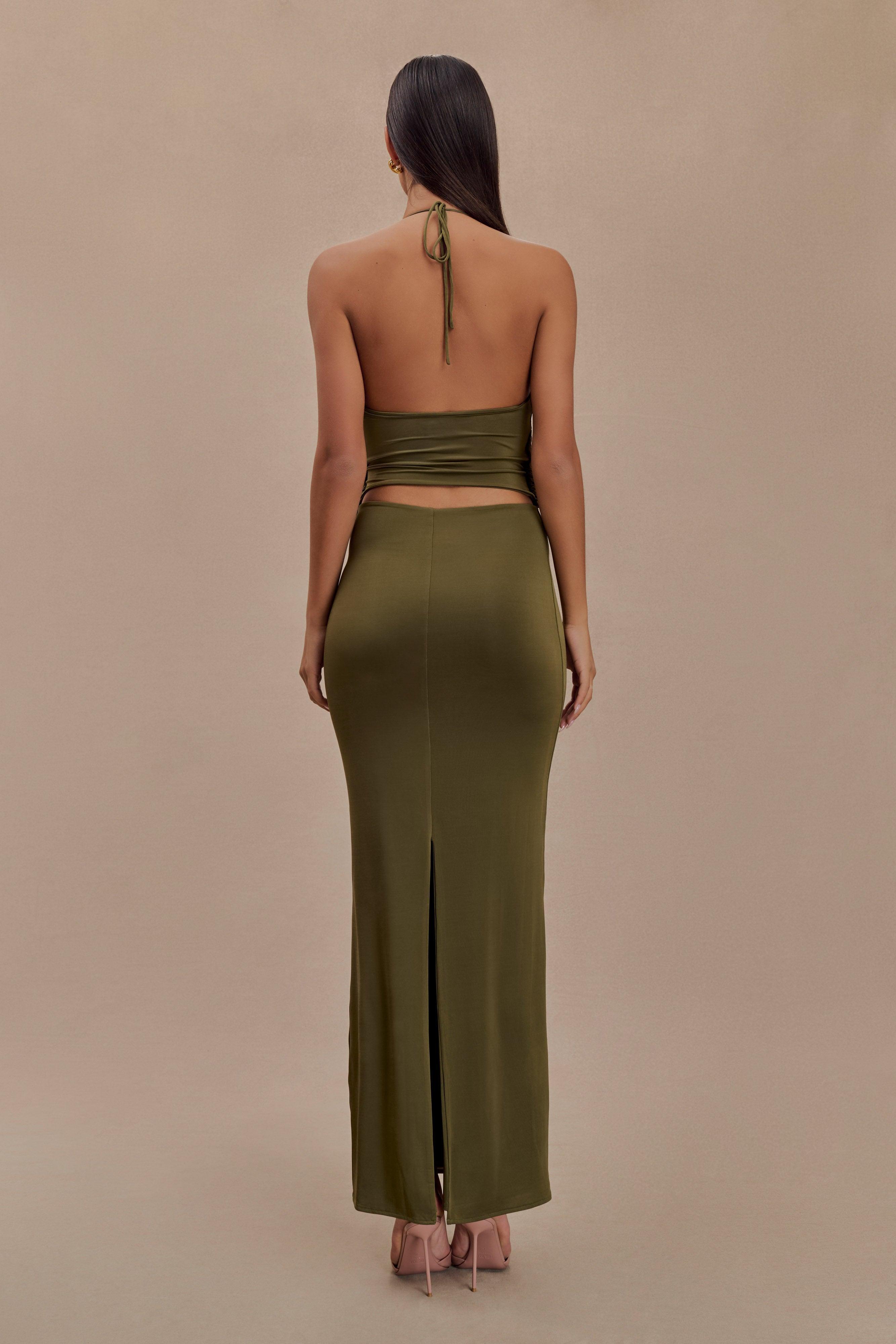 Tyla Draped Slinky Halter Maxi Dress - Dark Olive Product Image