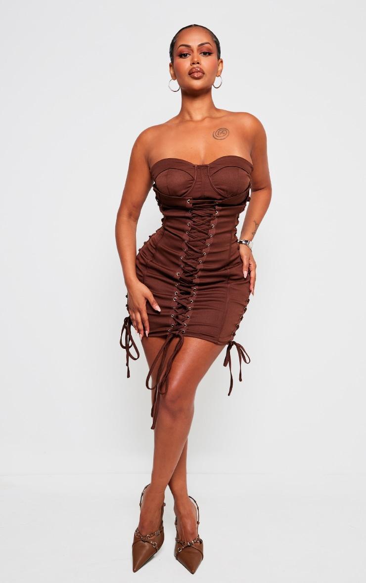 Shape Chocolate Woven Lace Up Corset Bandeau Bodycon Dress Product Image