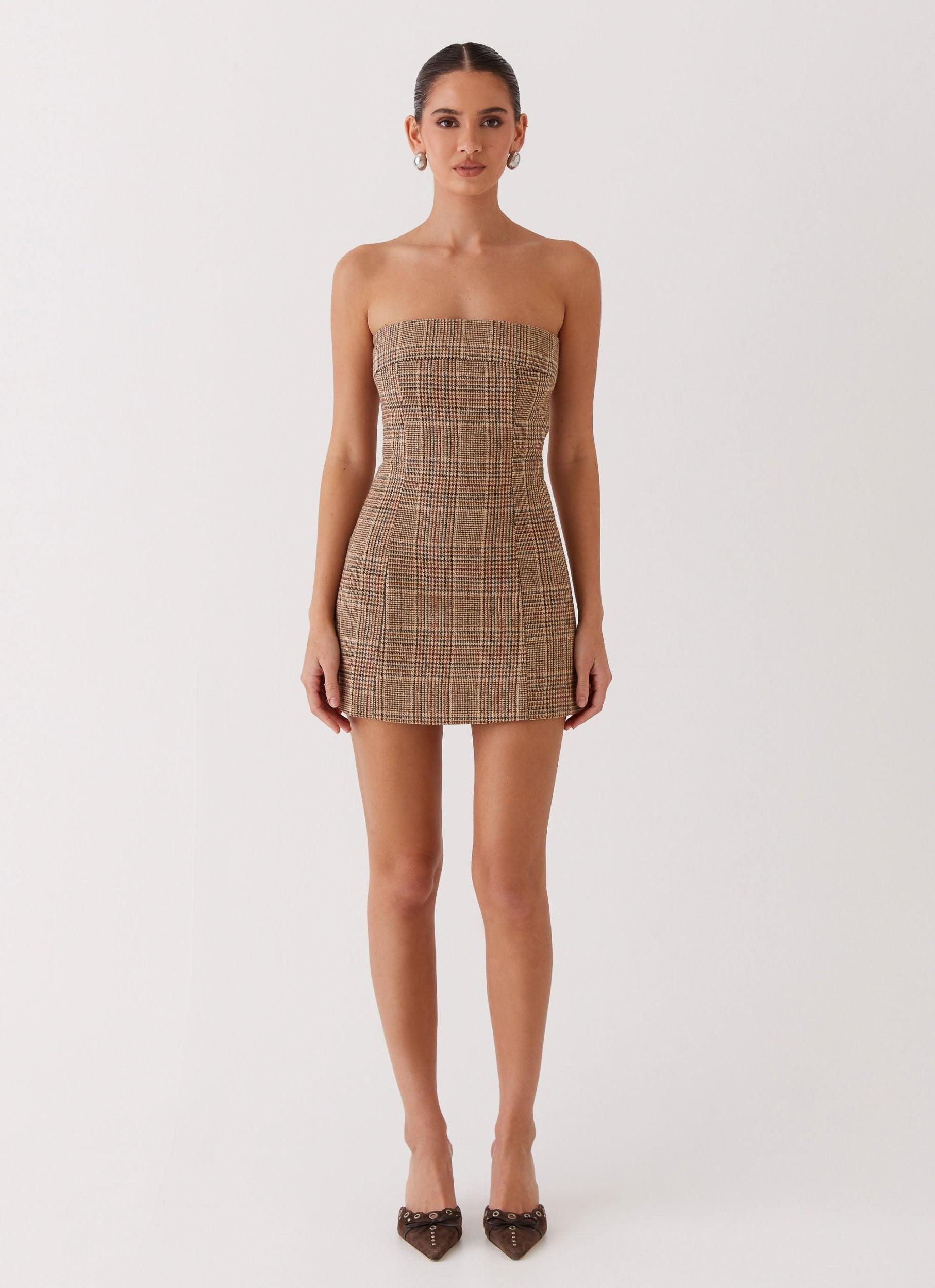 Vivenda Strapless Mini Dress - Brown Plaid Product Image