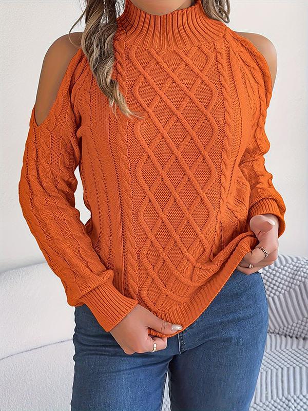 Long Sleeves Loose Hollow Solid Color Cold Shoulder Pullovers Sweater Tops Product Image