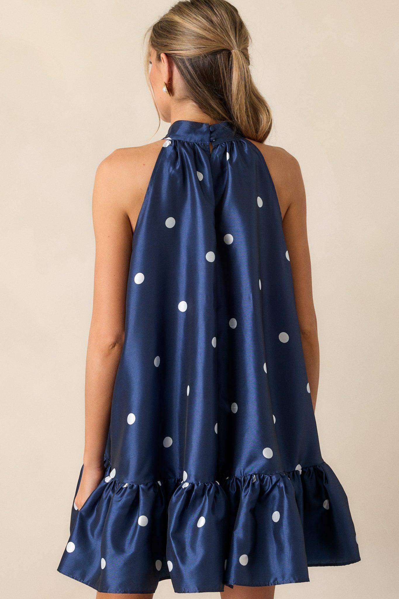 Sweet Soirée Navy Halter Polka Dot Mini Dress Product Image