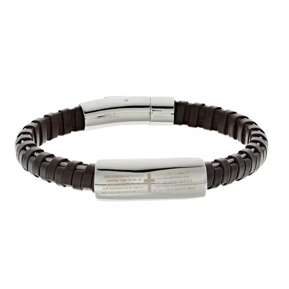 1913 Mens Brown Leather & Stainless Steel The Lords Prayer Bracelet Product Image