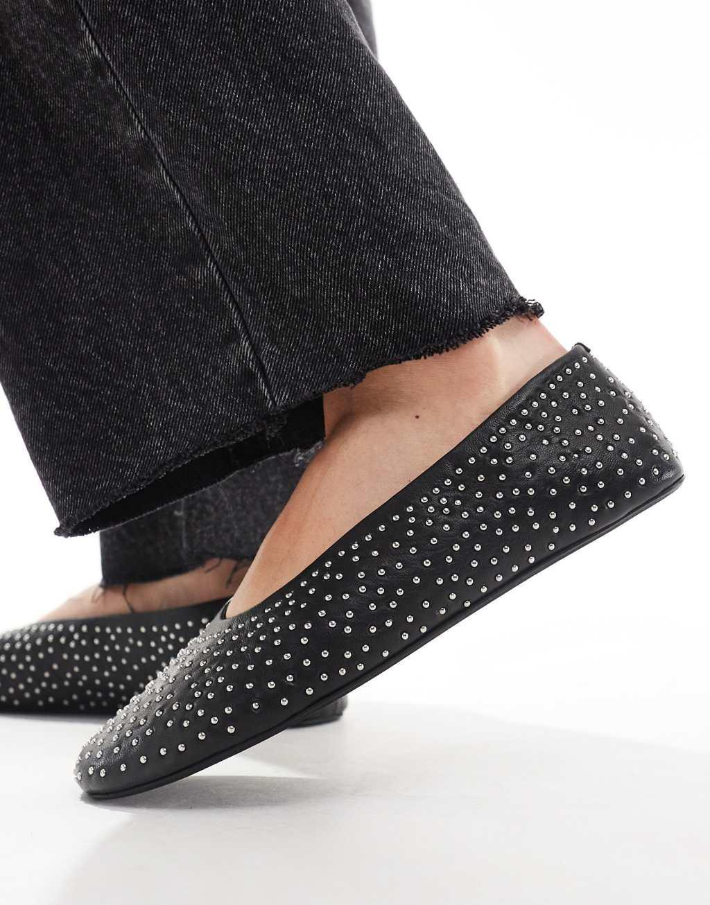 ASOS DESIGN Lustre Premium leather studded ballet flats in black Product Image