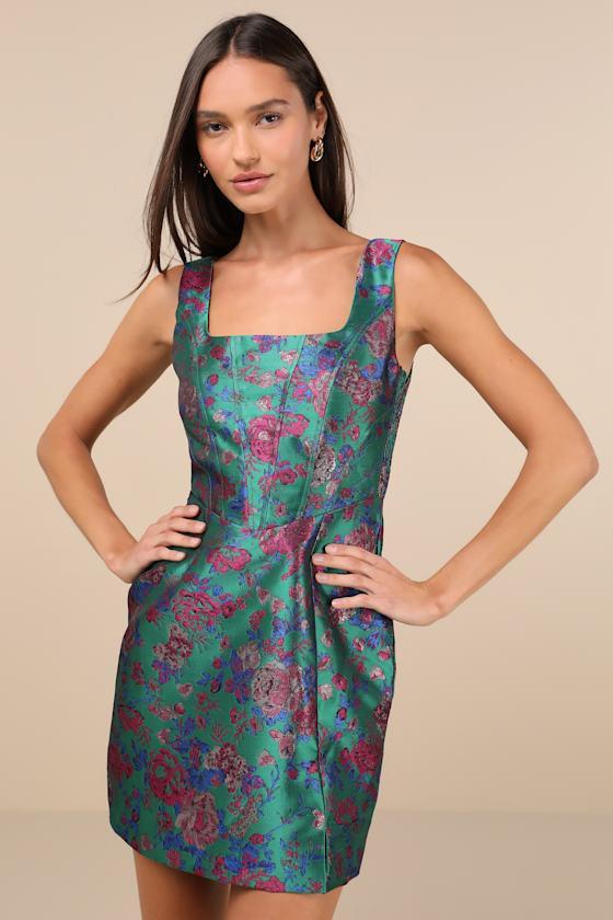 Compelling Drama Green Floral Jacquard Lurex Bustier Mini Dress Product Image