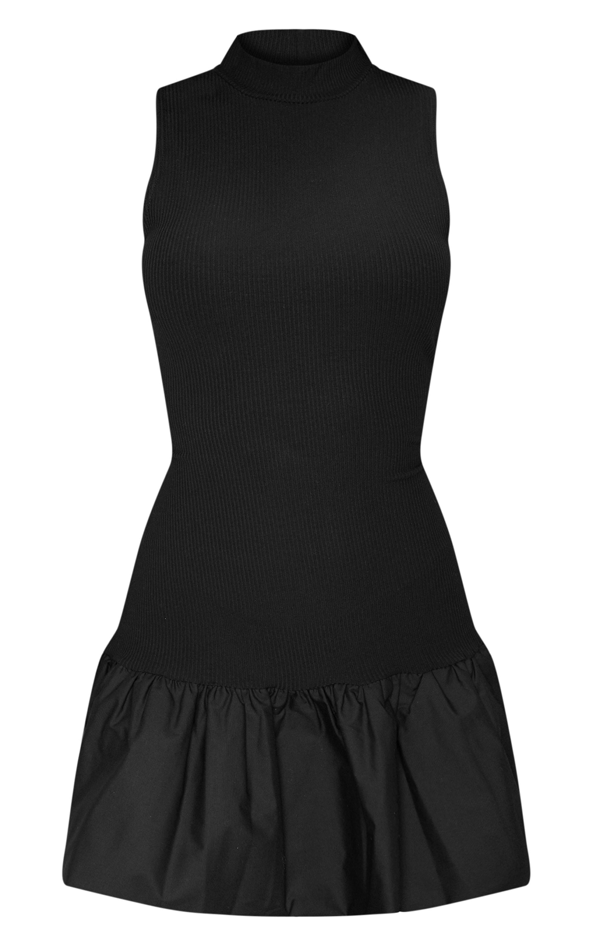 Black Rib Puff Ball Hem Bodycon Dress Product Image