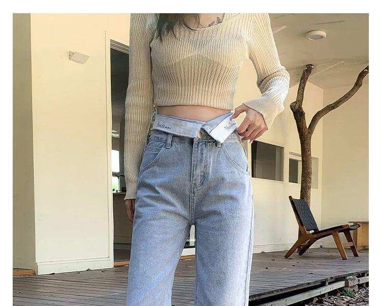 High Rise Folded Waistline Washed Straight-Fit Wide-Leg Jeans Product Image