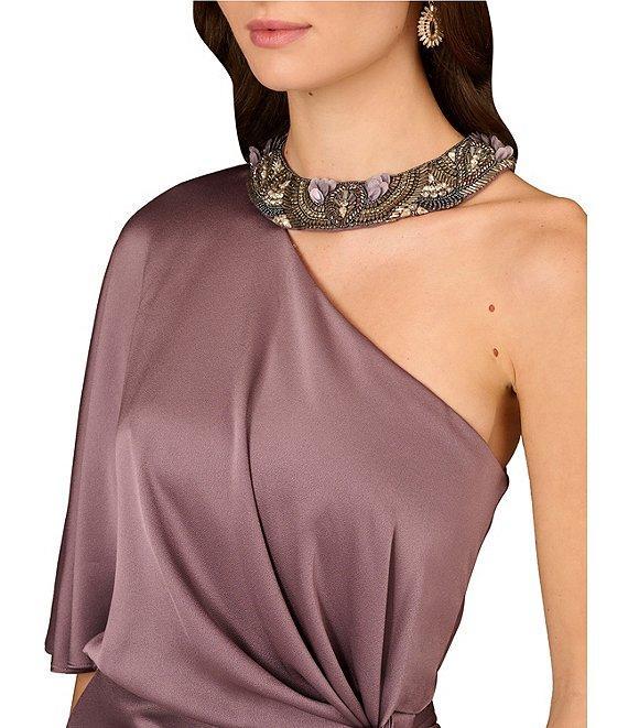 Aidan Mattox Satin Crepe Back Asymmetrical One Shoulder Beaded Neck Short Sleeve Side Twist Column Gown Product Image