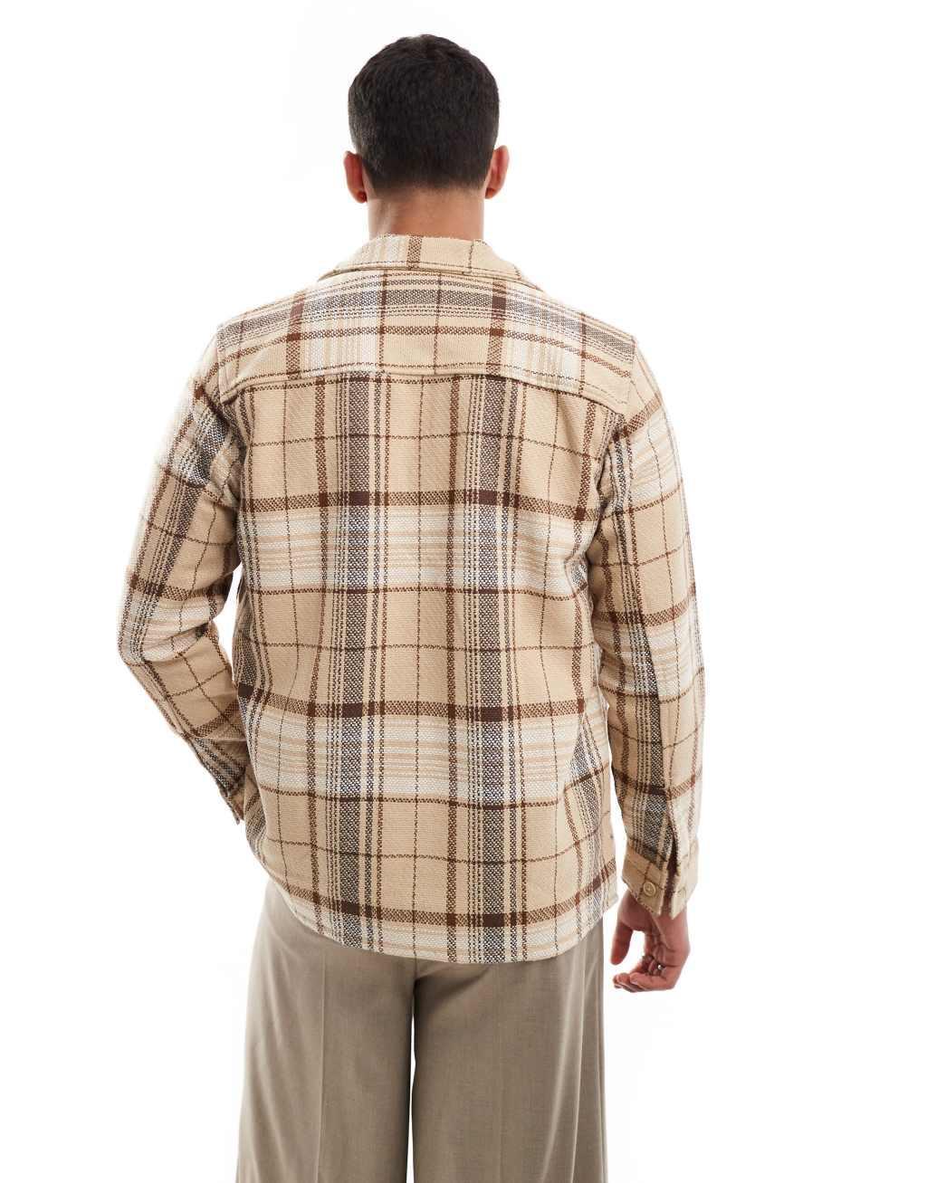 ONLY & SONS zip through wool look overshirt in beige check Product Image