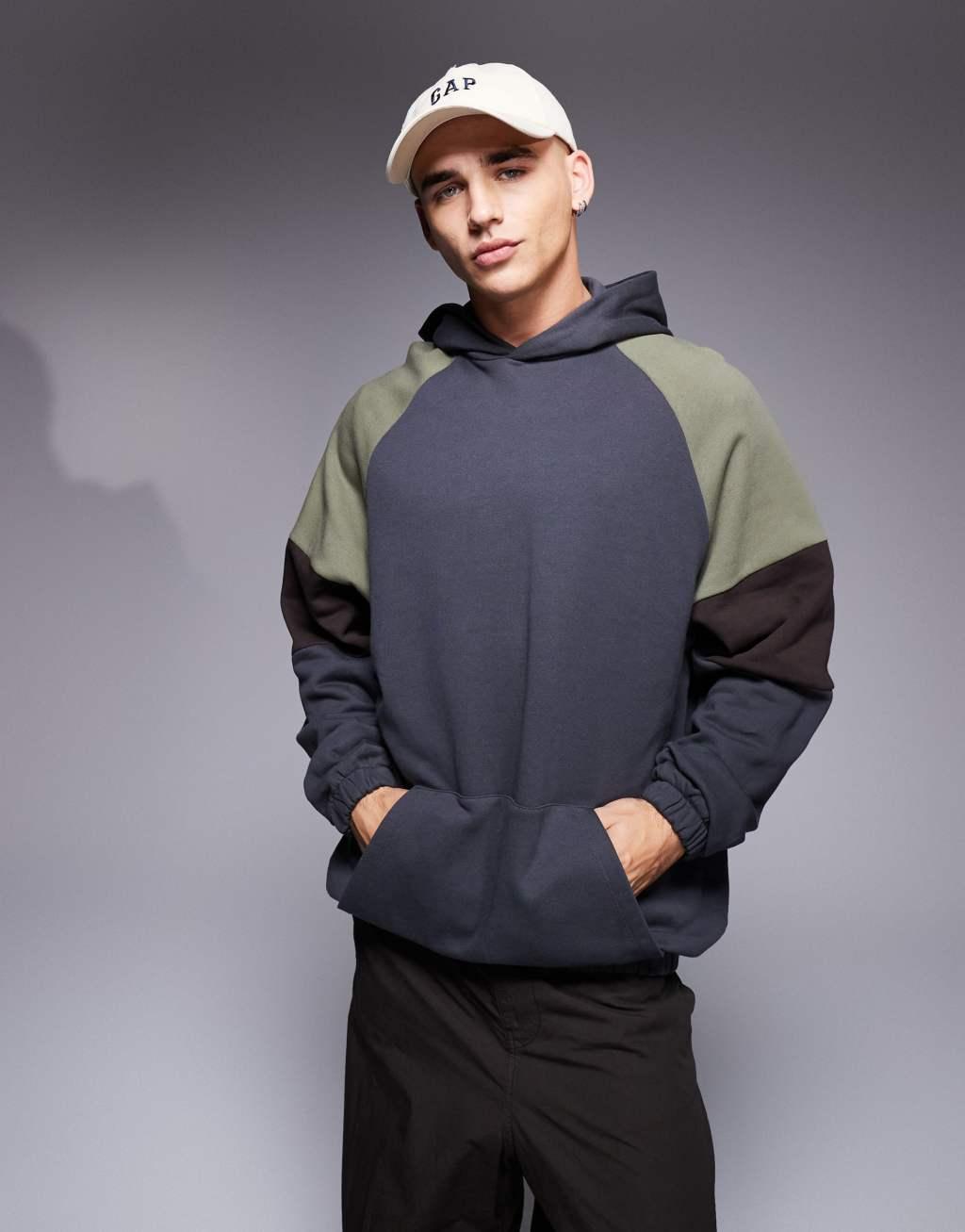 ASOS DESIGN oversized hoodie with color block in khaki Product Image