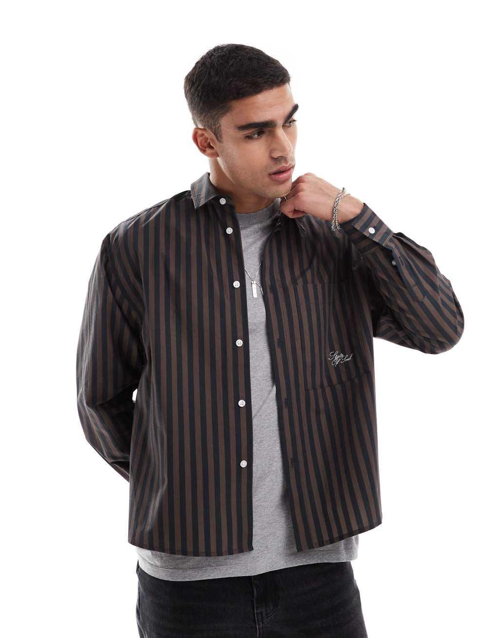 ASOS DESIGN oversized boxy striped shirt in brown Product Image