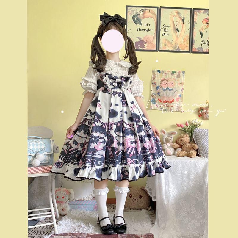 Puff-Sleeve Button-Up Blouse / Printed Bow Ruffled Midi Overall Lolita Dress / Petticoat Product Image