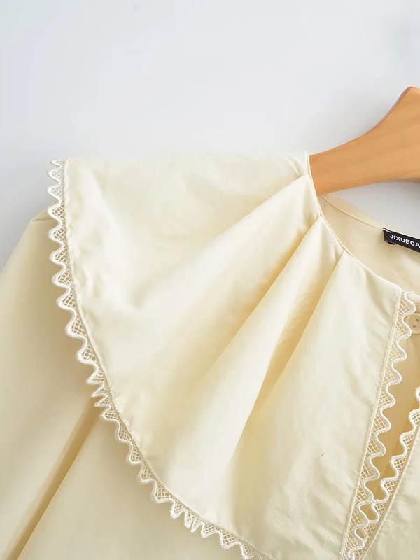 Loose Puff Sleeves Pleated See-Through Solid Color Split-Joint Peter Pan Collar Blouses&Shirts Tops Product Image