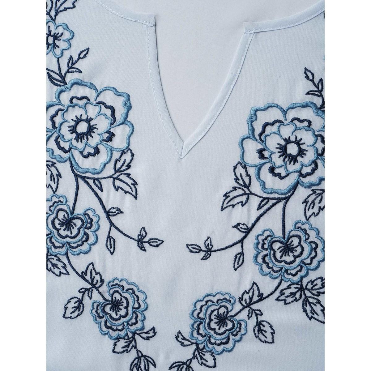 Plus Size LightBlue Chiffon Embroidery Puff Sleeve Pleated Shirt Women Boho Elbow-length sleeve Notched collar Vacation Blouses BloomChic 14-16/1X Product Image