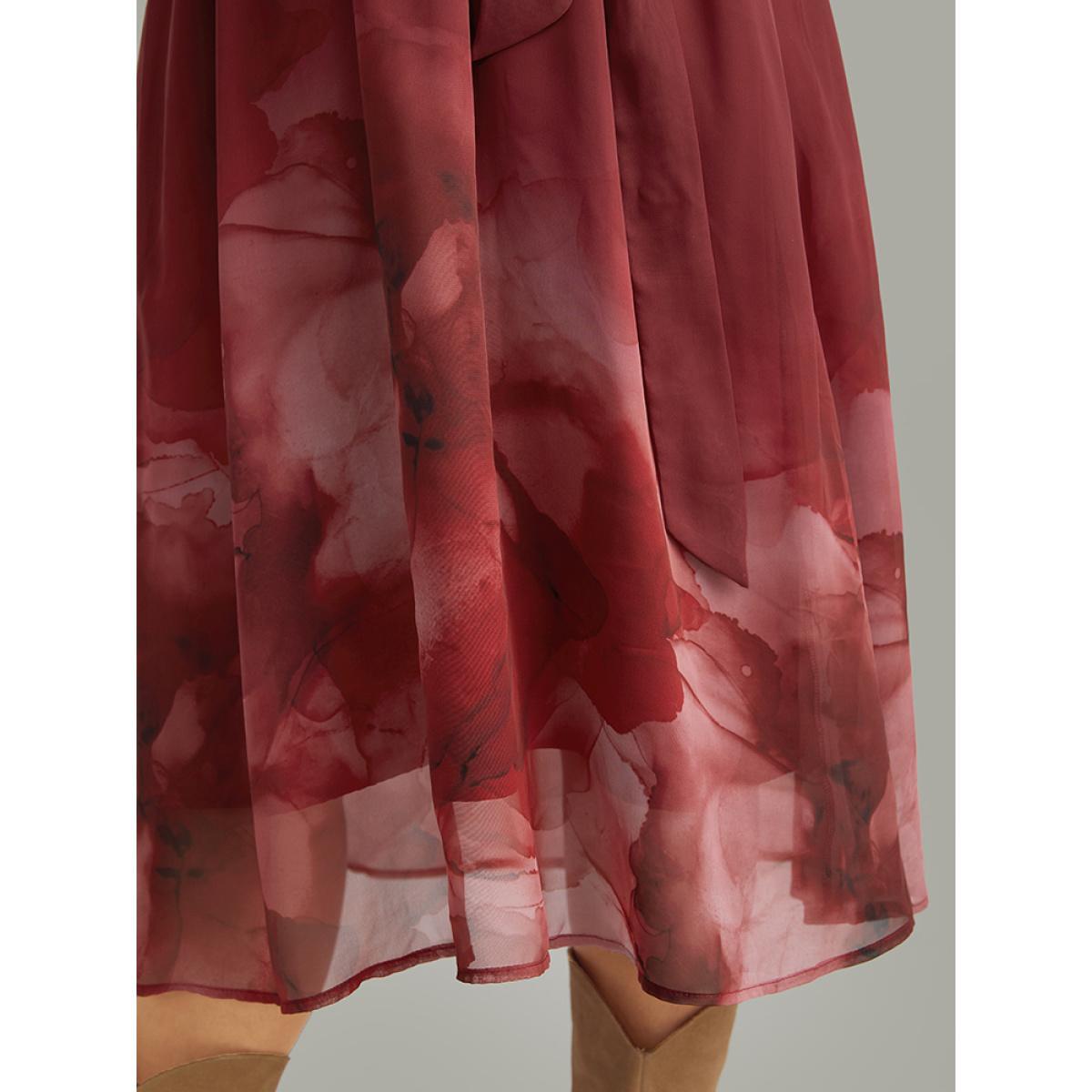 Plus Size Floral Mesh V Neck Belted Dress Scarlet Women Vacation Wrap Overlap Collar Long Sleeve Curvy Midi Dress BloomChic 30/6X Product Image