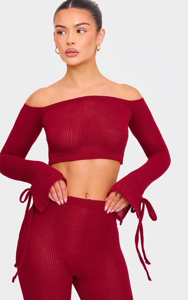 Cherry Red Sheer Soft Rib Bardot Long Sleeve Crop Top Product Image