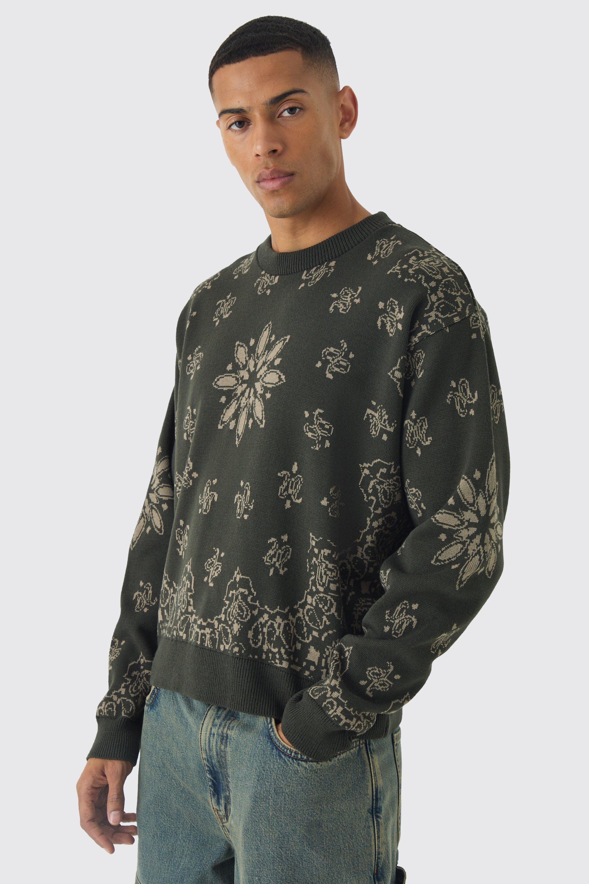 Oversized Boxy Bandana Print Knitted Sweater | boohooMAN USA Product Image