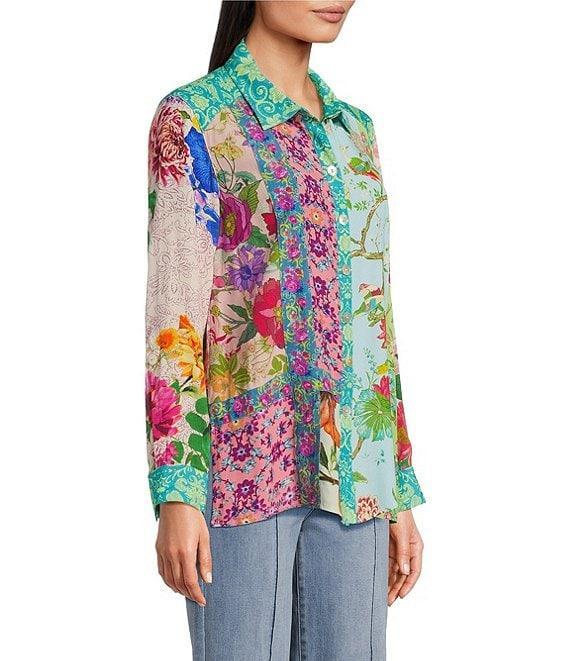 John Mark Petite Size Woven Mixed Floral Point Collar Long Roll-Tab Sleeve Button-Front Blouse Product Image