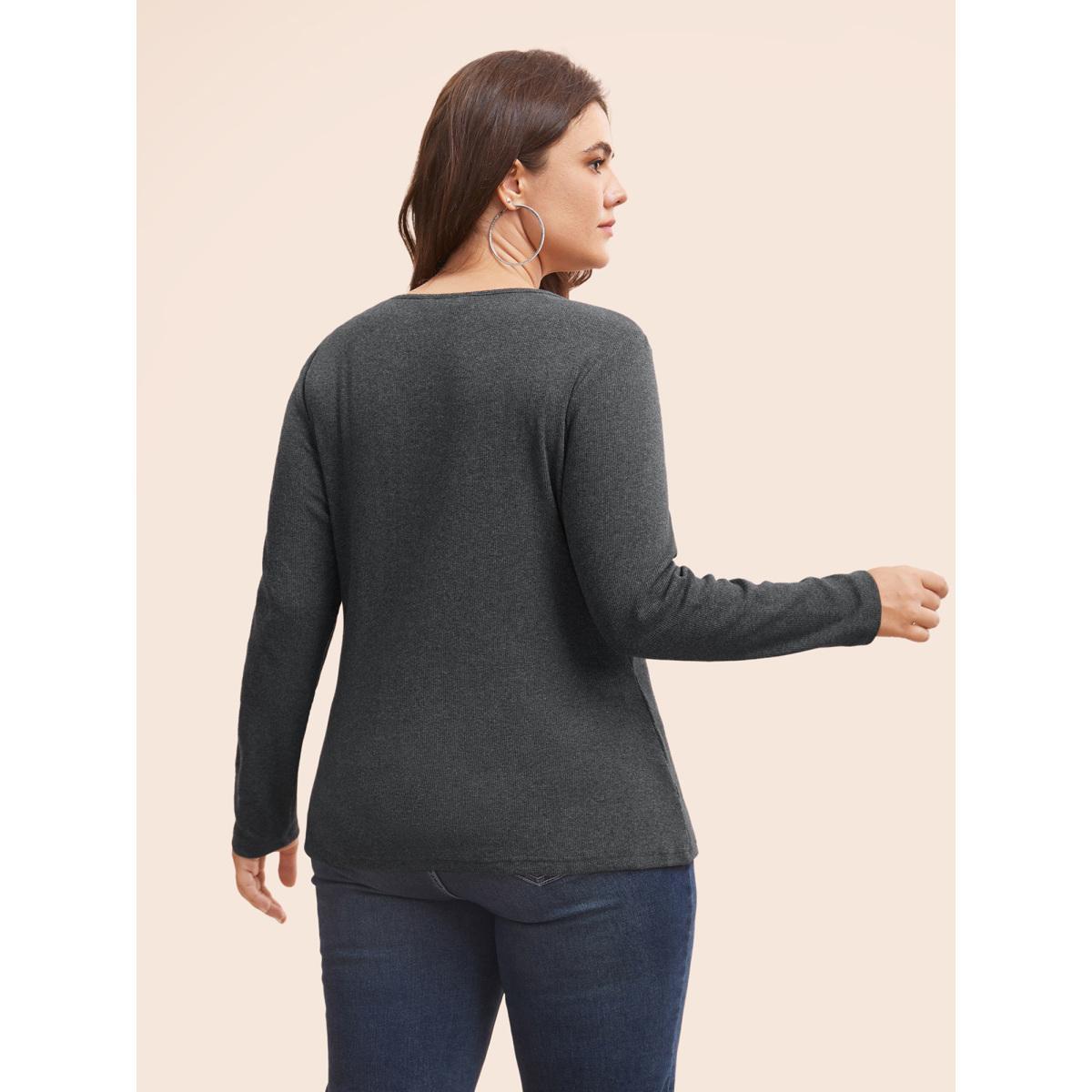 Plus Size Cotton Rib Knit Button Up T-shirt DimGray Women Casual Texture Round Neck Bodycon Everyday T-shirts BloomChic 10/M Product Image