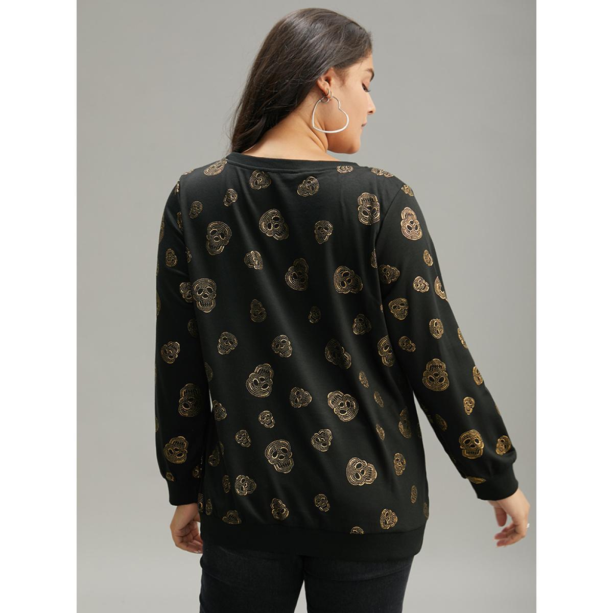 Plus Size Halloween Glitter Skull Print Crew Neck Sweatshirt Women Black Casual Elastic cuffs Round Neck Festival-Halloween Sweatshirts BloomChic 14-16/1X Product Image