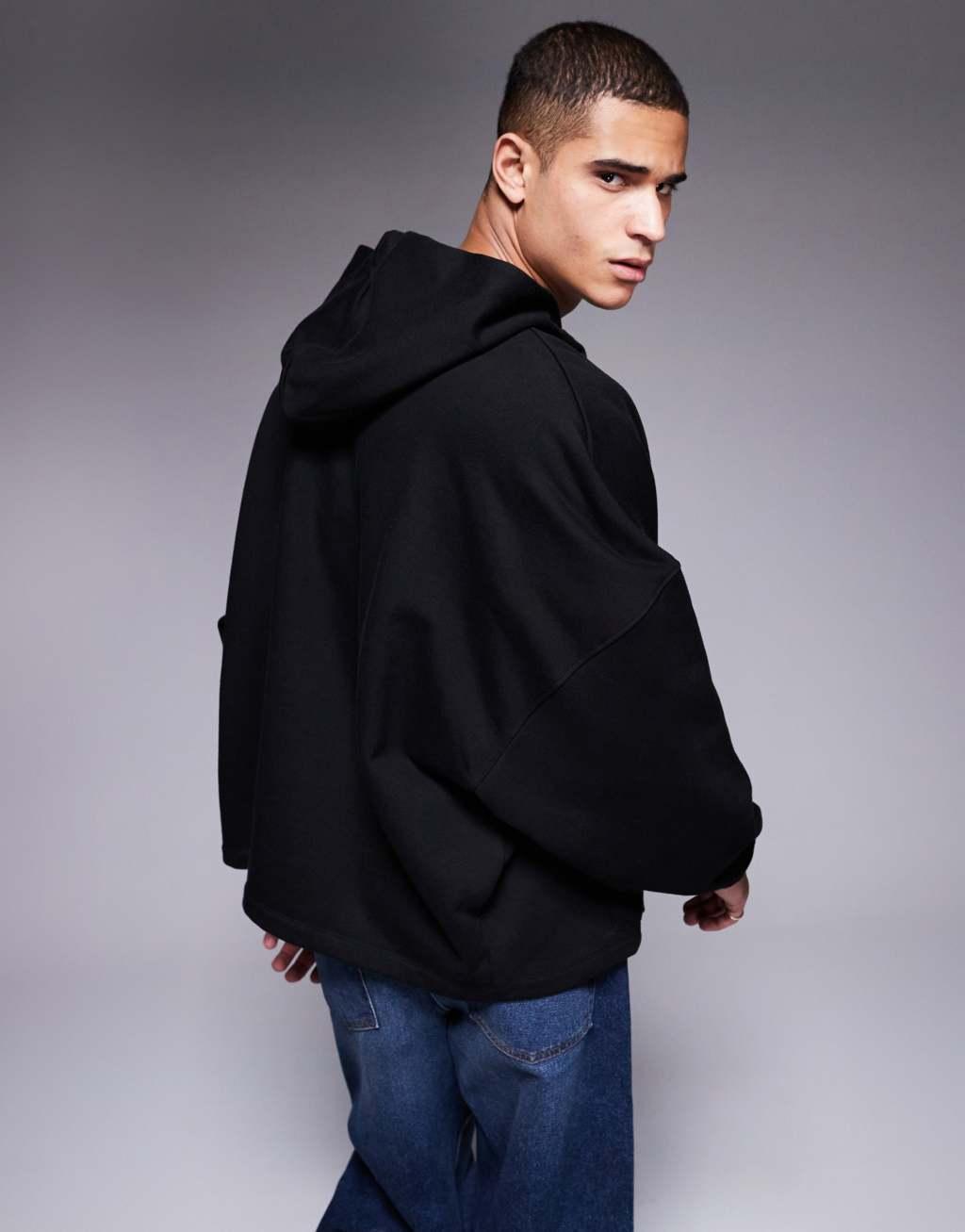 ASOS DESIGN premium heavyweight oversized zip through hoodie 400gsm with fixed hem in black Product Image