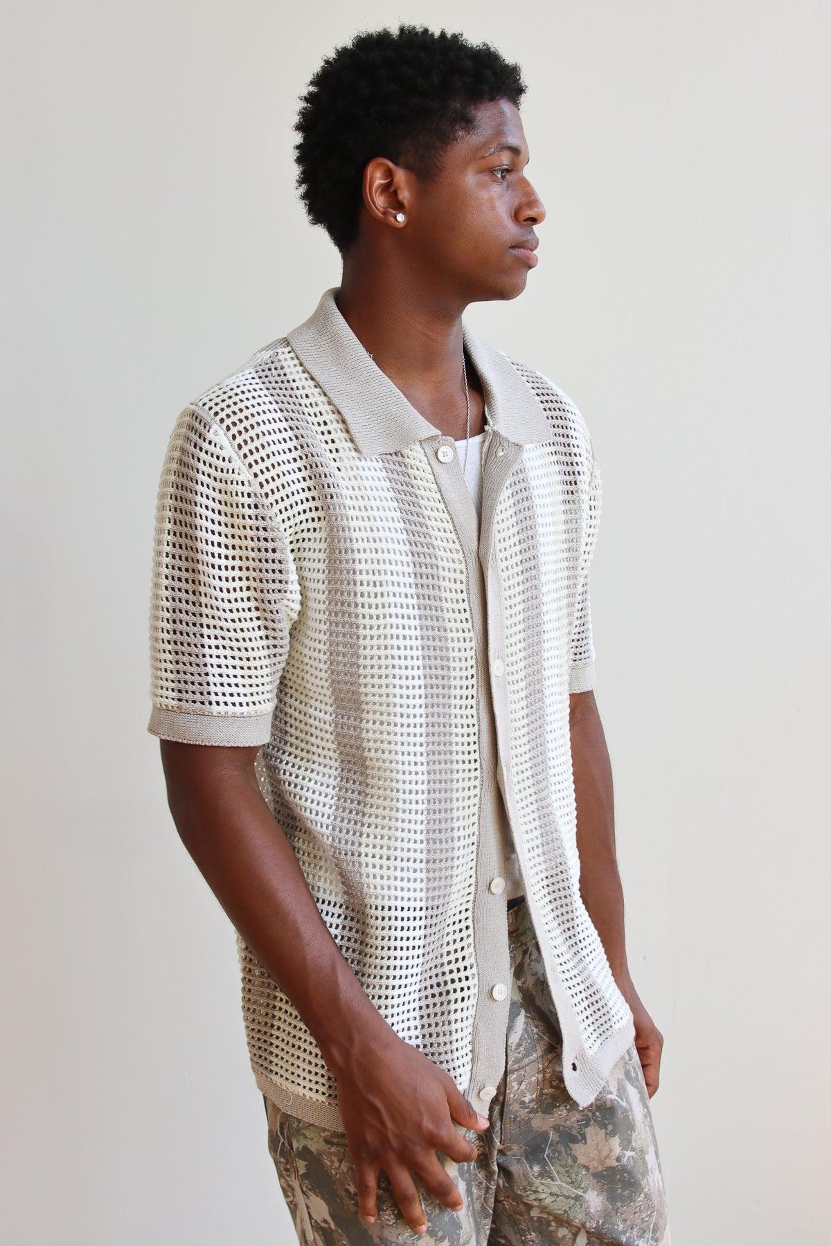 Striped Knit Mesh Button Up Shirt Product Image
