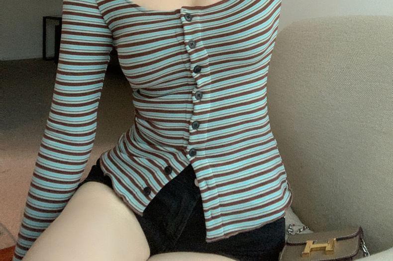 Long Sleeve Round-Neck Striped Slim-Fit Crop Tee Product Image