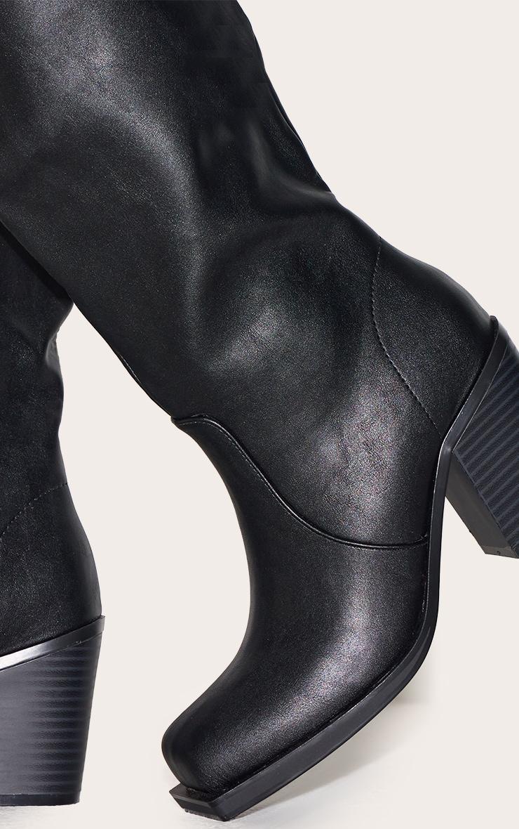 Black Pu Square Toe High Block Heel Knee High Boots Product Image
