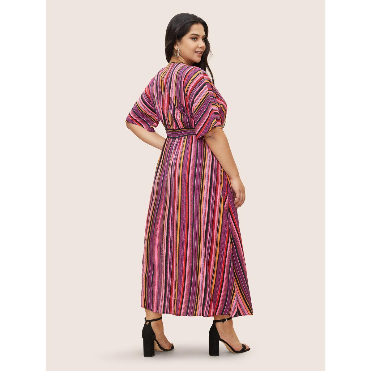 Plus Size Striped Contrast Dolman Sleeve Shirred Pocket Split Flutter Dress RedViolet Women Resort Non V-neck Half Sleeve Curvy BloomChic 14-16/1X Product Image