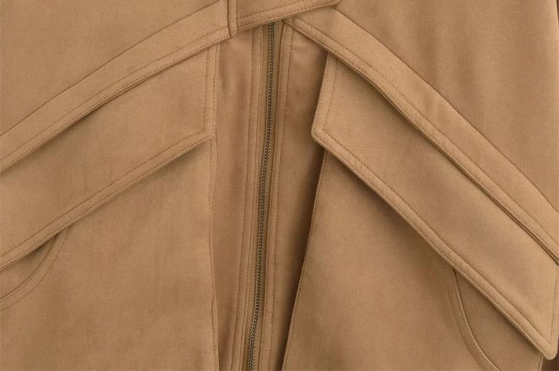 Collared Plain Zip-Up Faux Suede Jacket Product Image