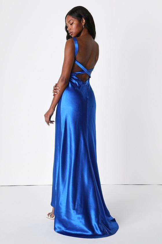 Perfectly Classy Royal Blue Satin Strappy Maxi Dress Product Image