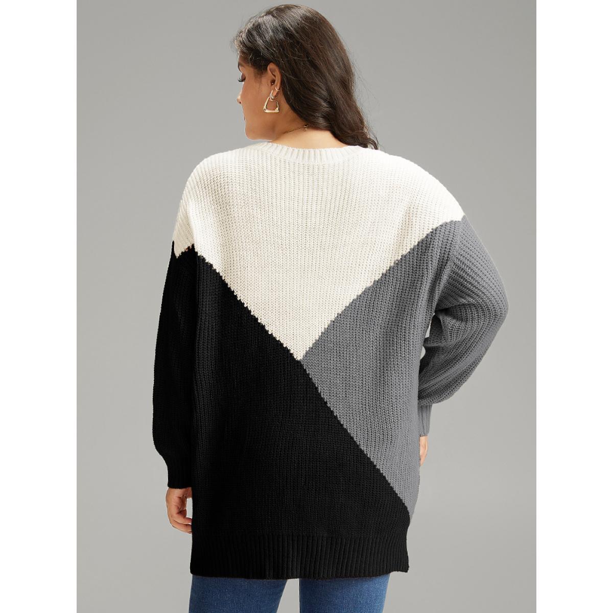 Plus Size Colorblock Split Side Drop Shoulder Pullover Black Women Casual Loose Long Sleeve Round Neck Dailywear Pullovers BloomChic 14-16/1X Product Image