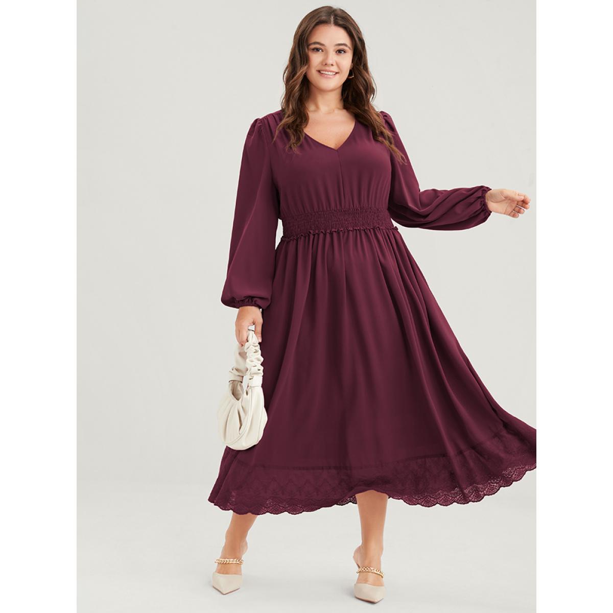 Plus Size Solid Pocket Lantern Sleeve Patchwork Ruffled Shirred Dress Burgundy Women Elegant Plain V-neck Long Sleeve Curvy Midi Dress BloomChic 30/6X Product Image