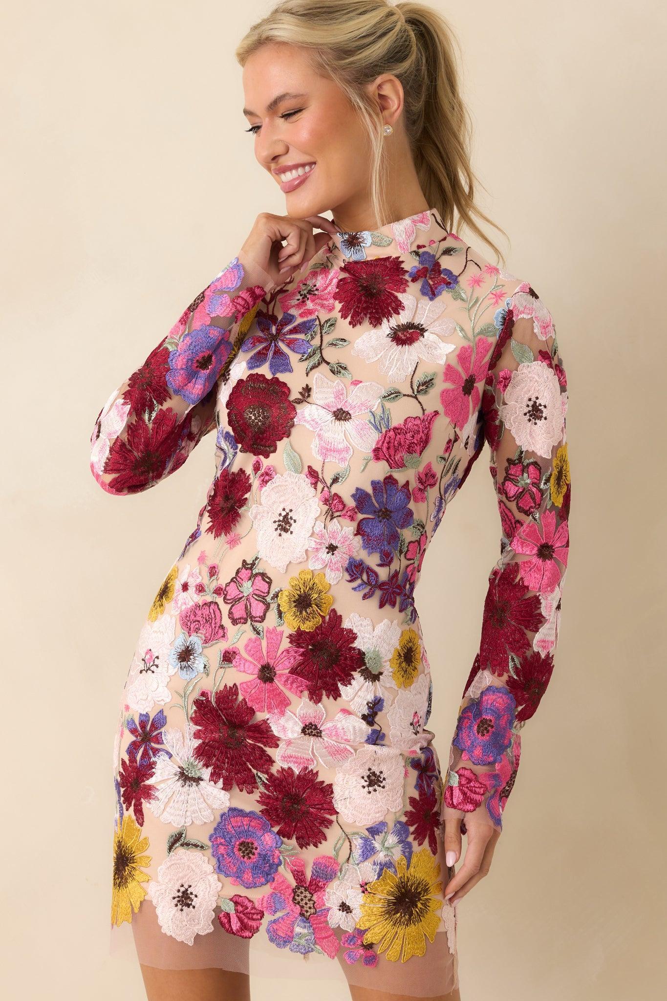 Petals Of Time Fuchsia Multi Floral Mini Dress Product Image