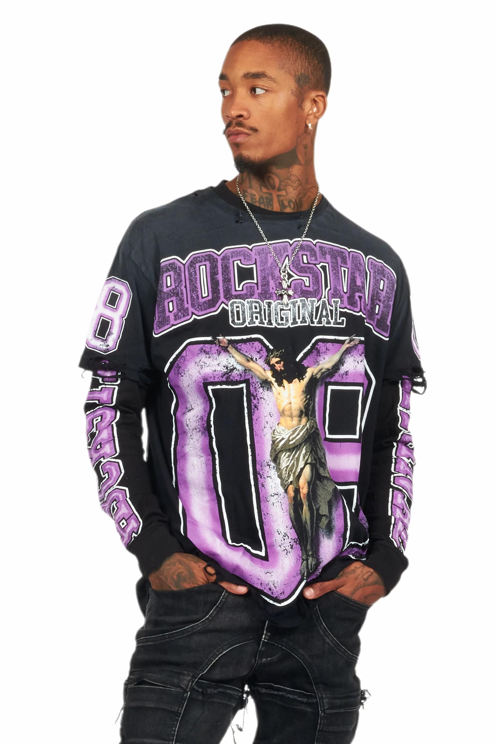 Fields Black/Purple Double Layer Long Sleeve Graphic T-Shirt Male Product Image