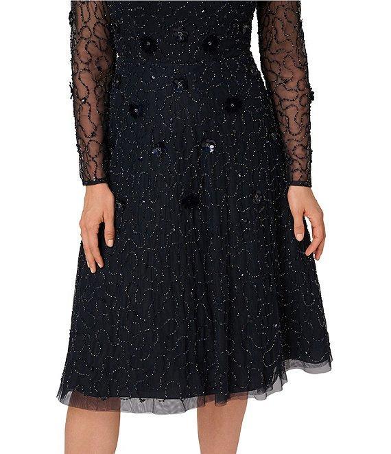 Adrianna Papell 3D Beaded Mesh Long Sleeve Midi Length Product Image