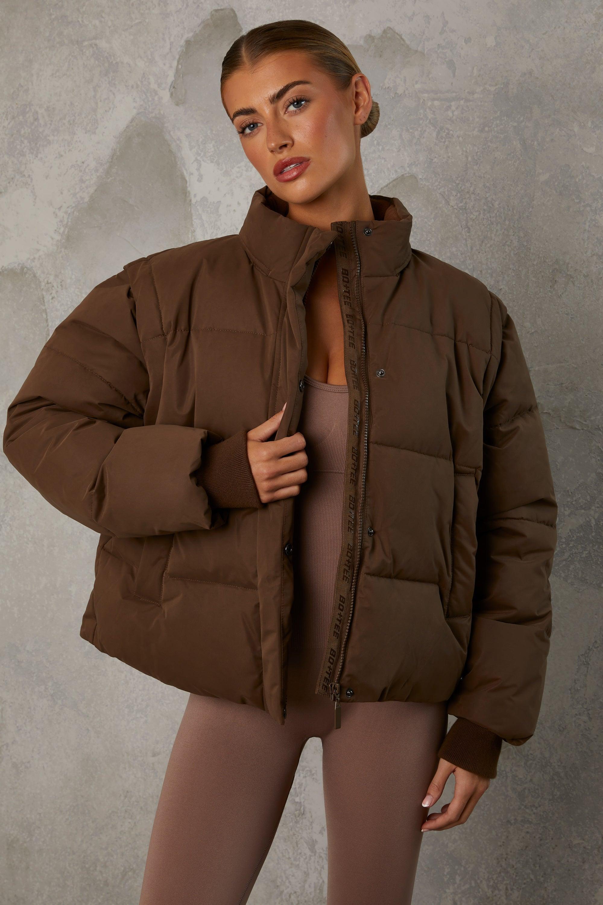 Cropped Puffer Jacket with Detachable Sleeves in Cocoa Brown Product Image