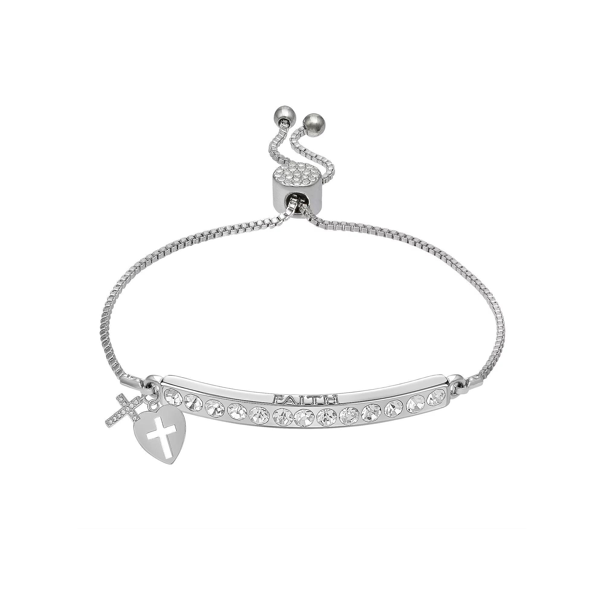 Brilliance Crystal Cross & Heart Charm Adjustable Bar Bracelet, Women's, Size: 7/8", Silver Tone Product Image