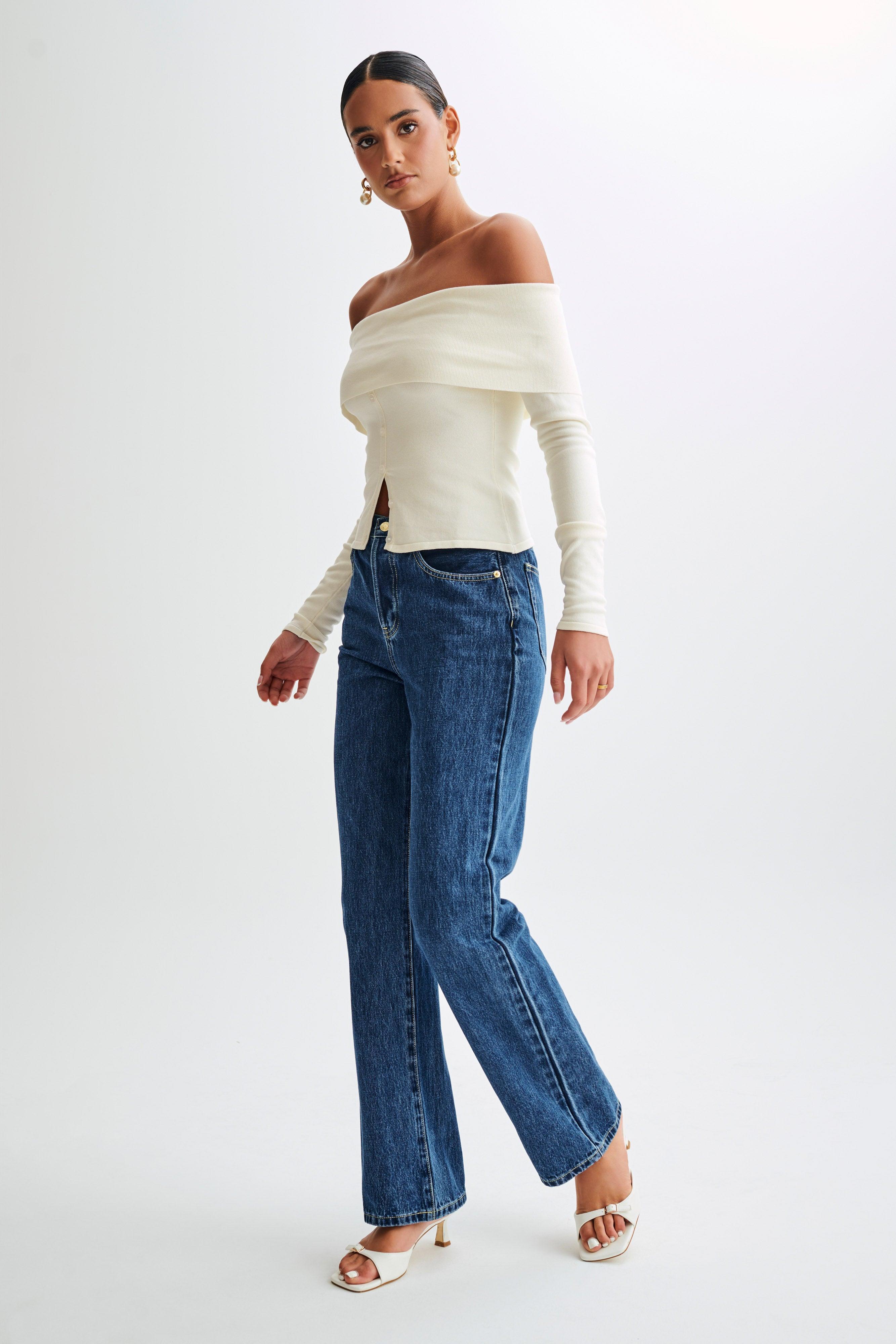 Diedre Buttoned Off Shoulder Knit Top - White Product Image