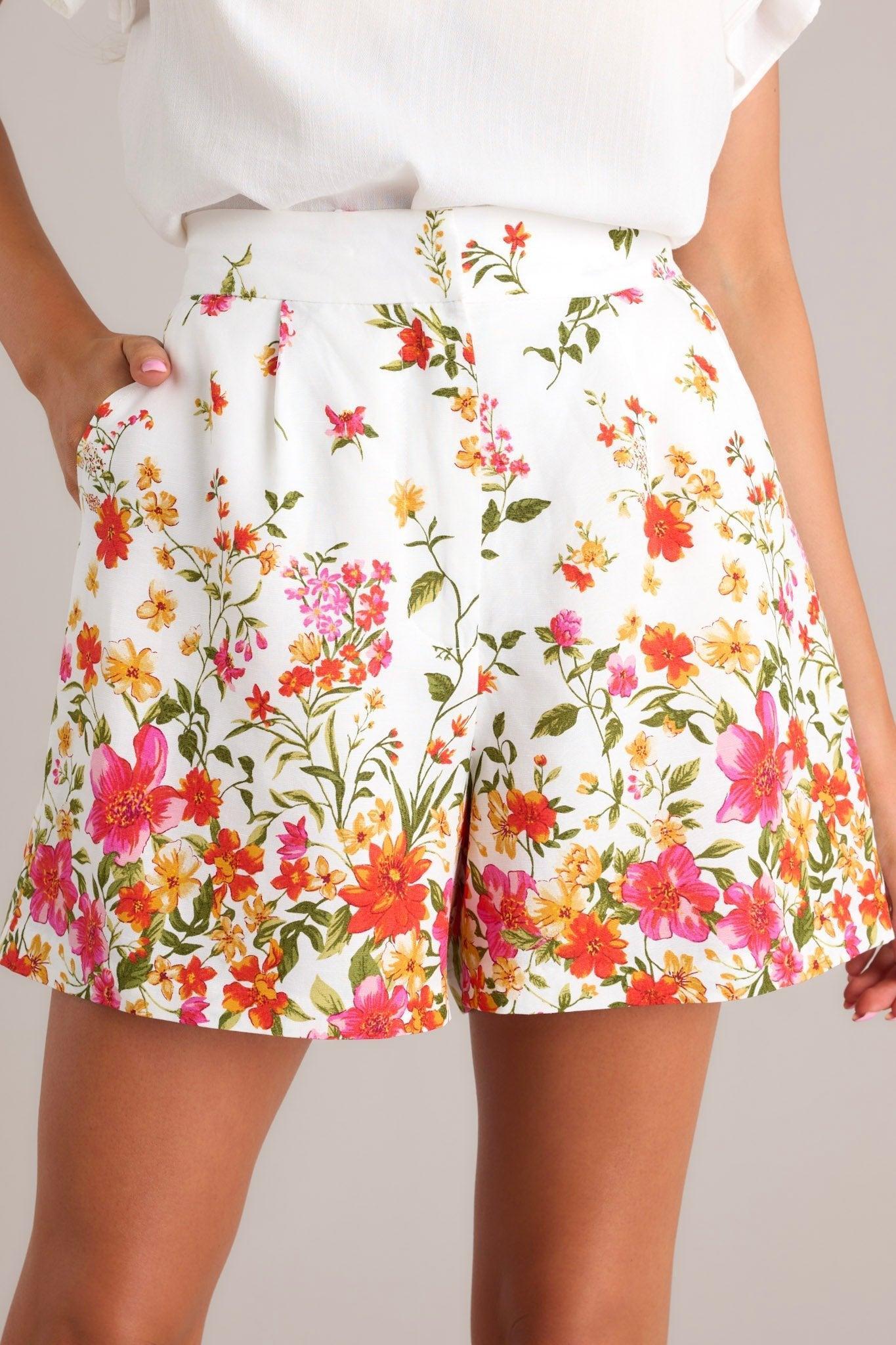 Golden Afternoon Ivory Floral Linen Shorts Product Image