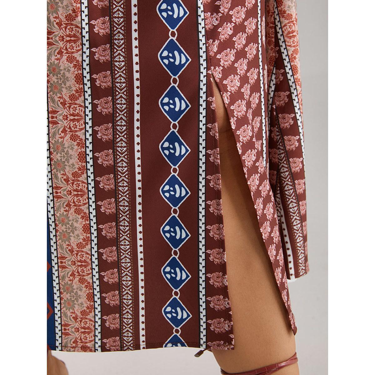 Plus Size Boho Print Keyhole Split Hem Pocket Dress Scarlet Women Vacation Printed Notched collar Long Sleeve Curvy Midi Dress BloomChic 10/M Product Image