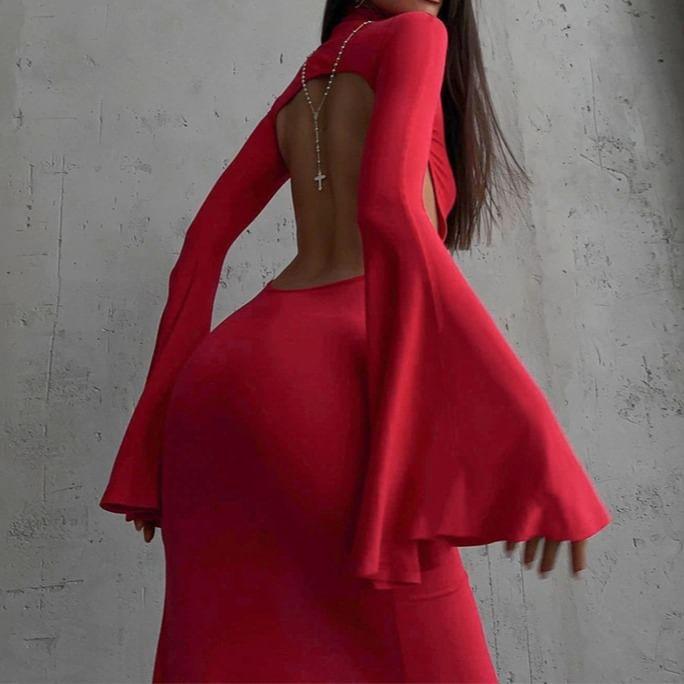 Long-Sleeve Mock Neck Plain Open Back Slit Maxi Bodycon Dress Product Image