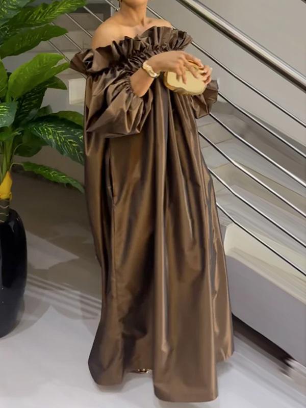 Loose Puff Sleeves Falbala Pleated Solid Color Off-The-Shoulder Maxi Dresses Product Image